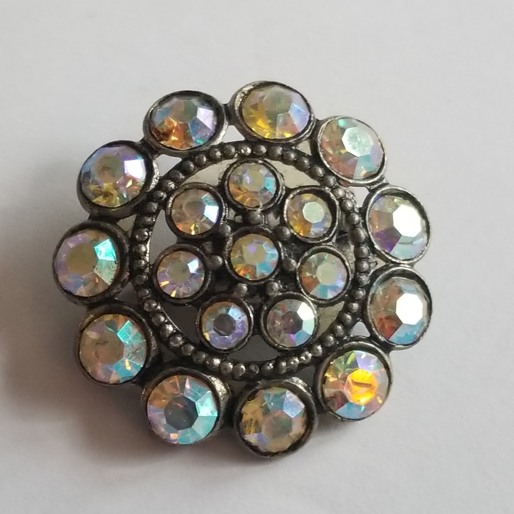 Vintage aurora borealis rhinestone circle brooch pin gold tone smoky AB - Picture 6 of 8